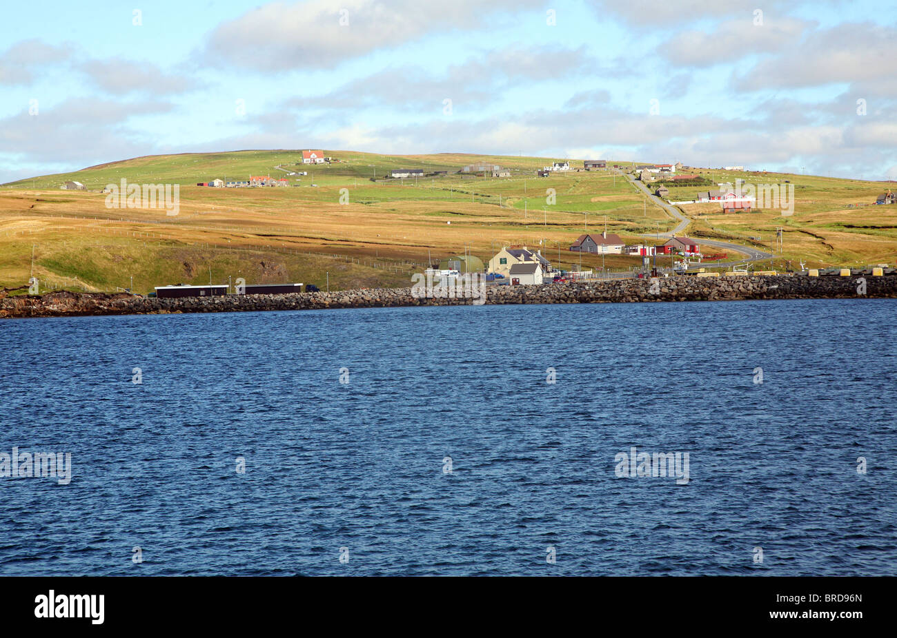 View of Ulsta, Yell island from ferry, Yell, Shetland Islands, Scotland Stock Photo