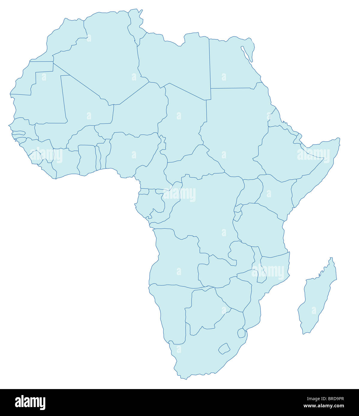 Stylized map of Africa in blue tone showing the different countries. All on white background. Stock Photo