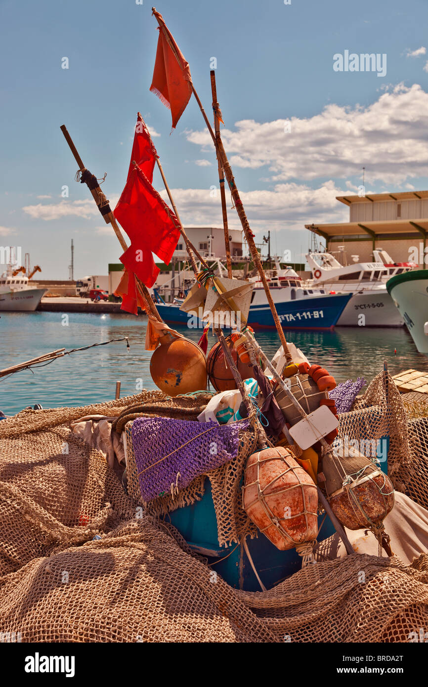 fishing boats and their equipment, Flagged fishing floats Stock Photo