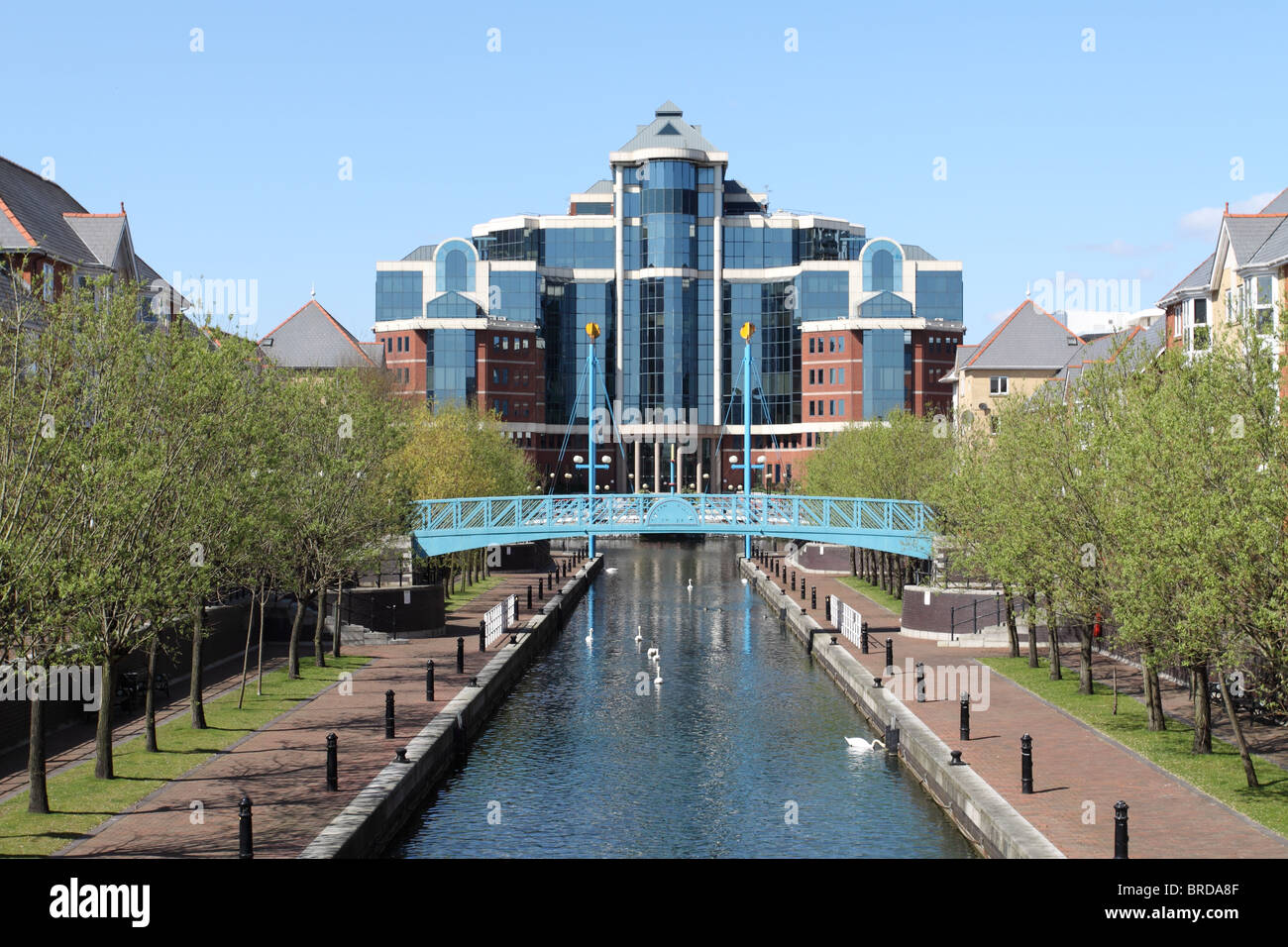 Modern Offices and Housing at Salford Quays built in the regenerated Salford docks. Part of the Manchester Ship Canal. Stock Photo