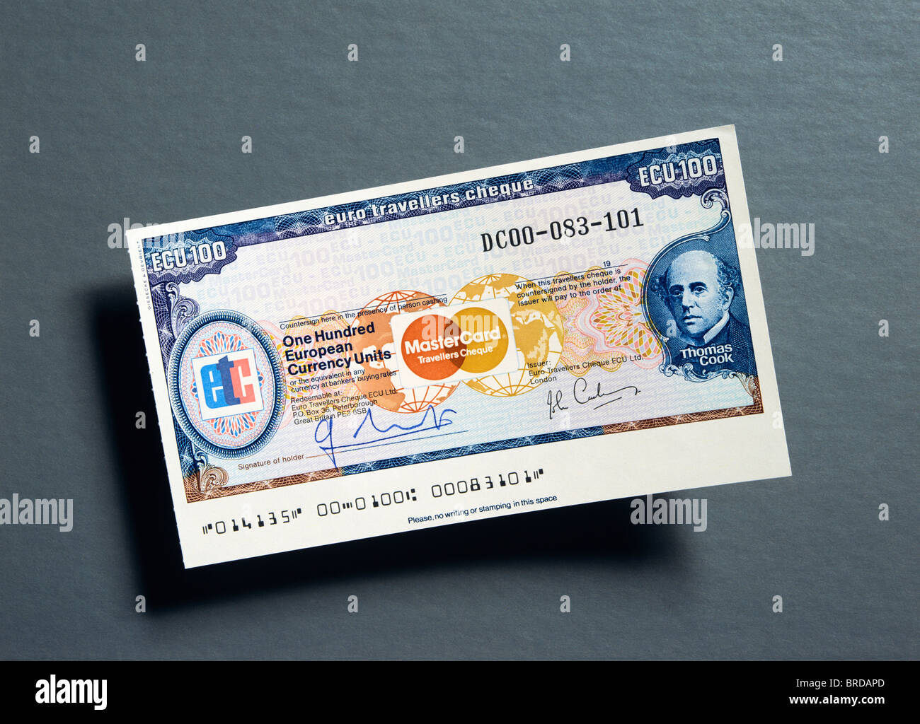 Former 100 Ecu - European Currency Unit - travellers cheque - Thomas Cook effigy printed in corner Stock Photo