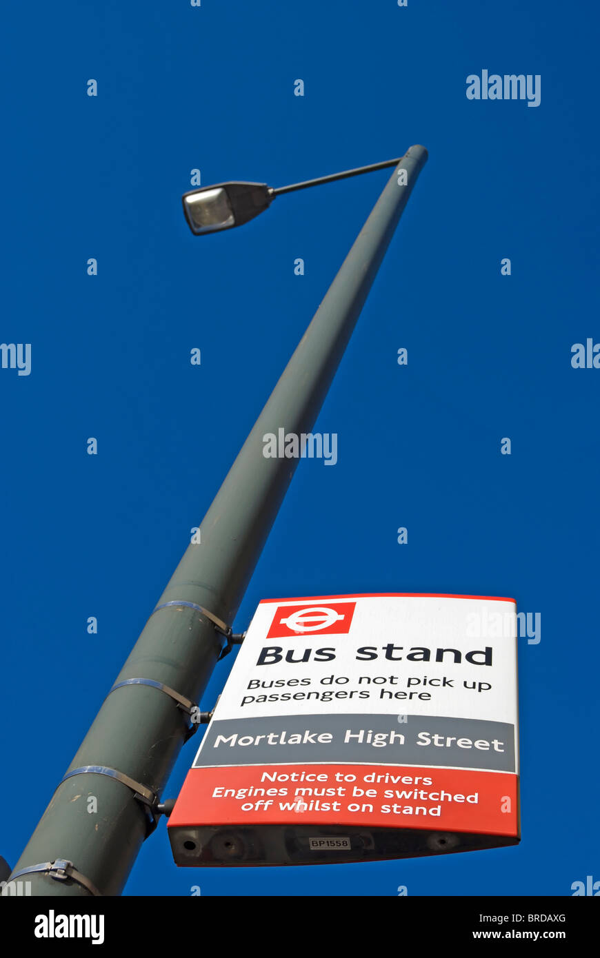 sign indicating a bus stand, where buses stop but do not pick up passengers, in mortlake, southwest london, england Stock Photo