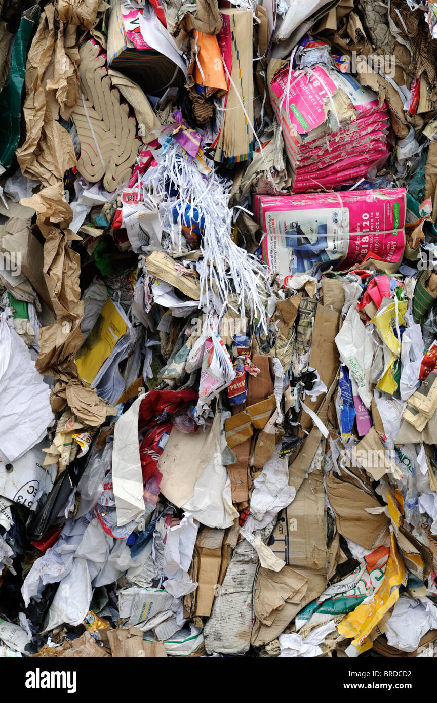 Compressed paper bales at a recycling plant reuse recycle waste