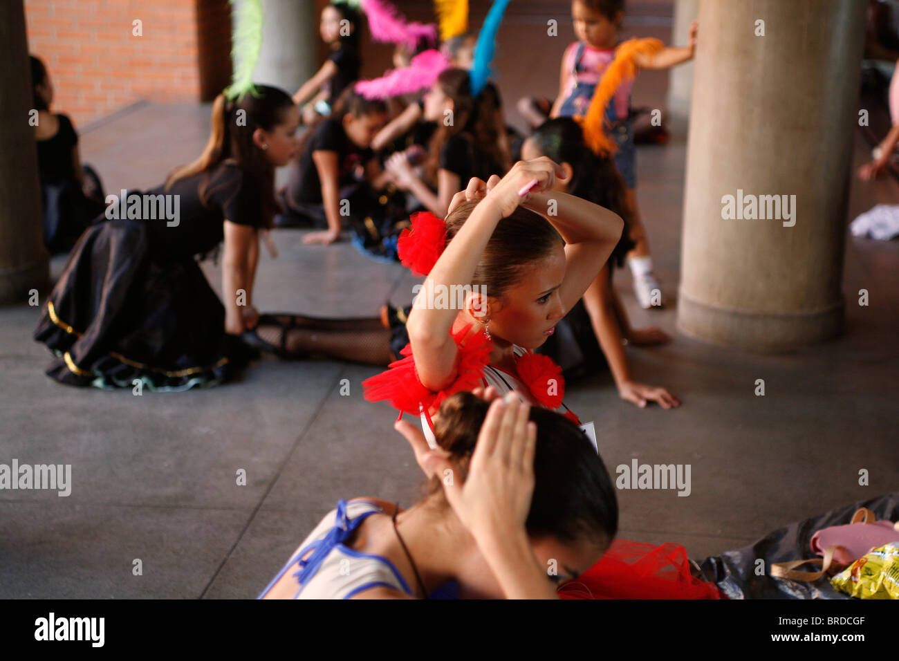 School children, 8-10 years old girls prepare for dancing presentation. Nova Iguaçú, Rio de Janeiro, Brazil. Stock Photo