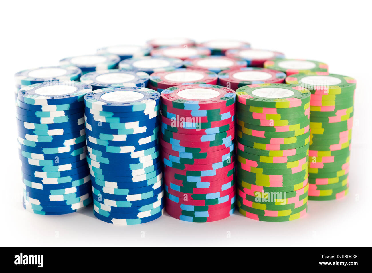 Real clay poker chip stacks Stock Photo