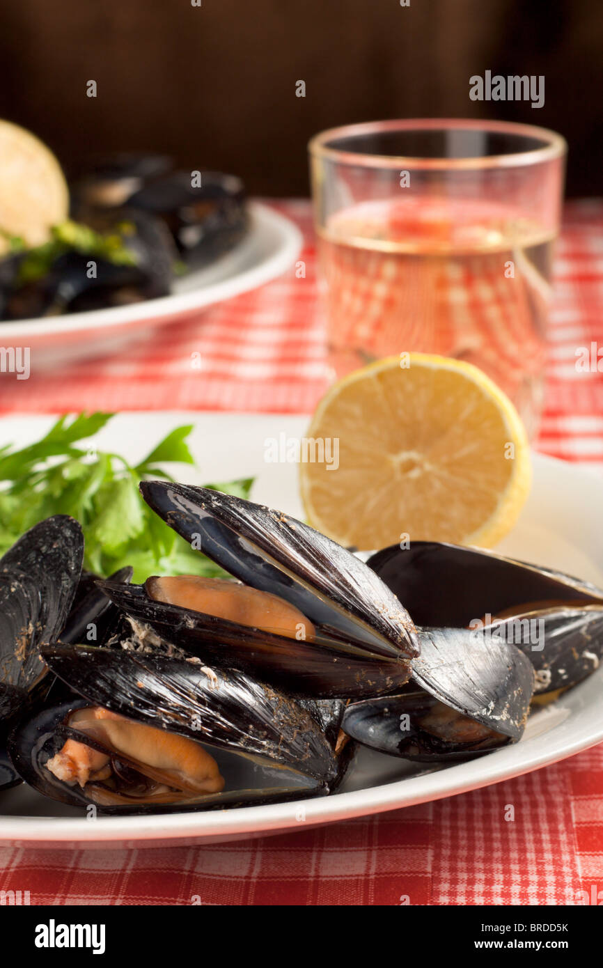 Mussels with Lemon, Parsley and Wine Stock Photo