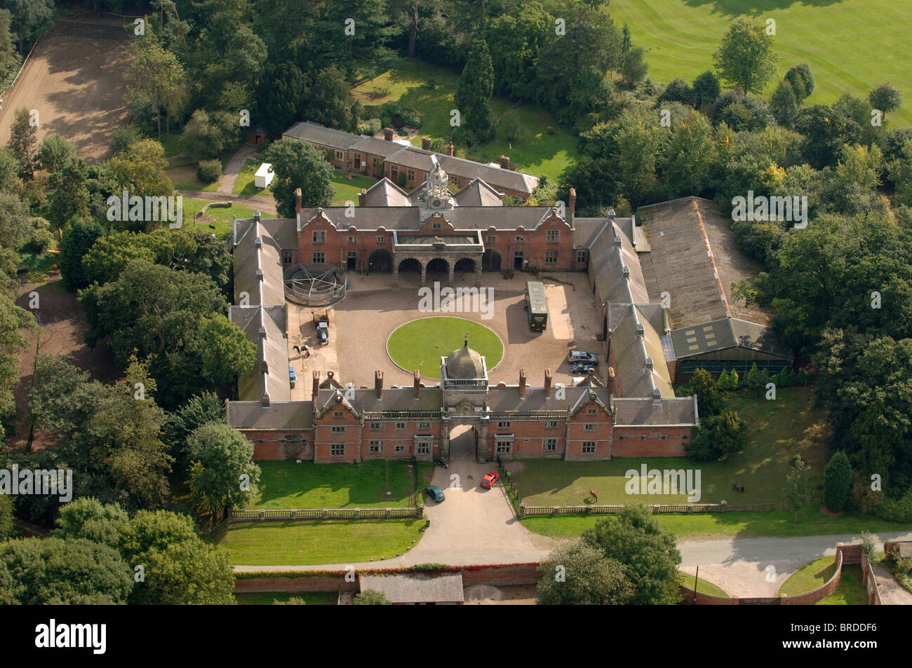 An aerial view of Ingestre Hall stables near Stafford British Horse Society Training and Examination Centre Stock Photo