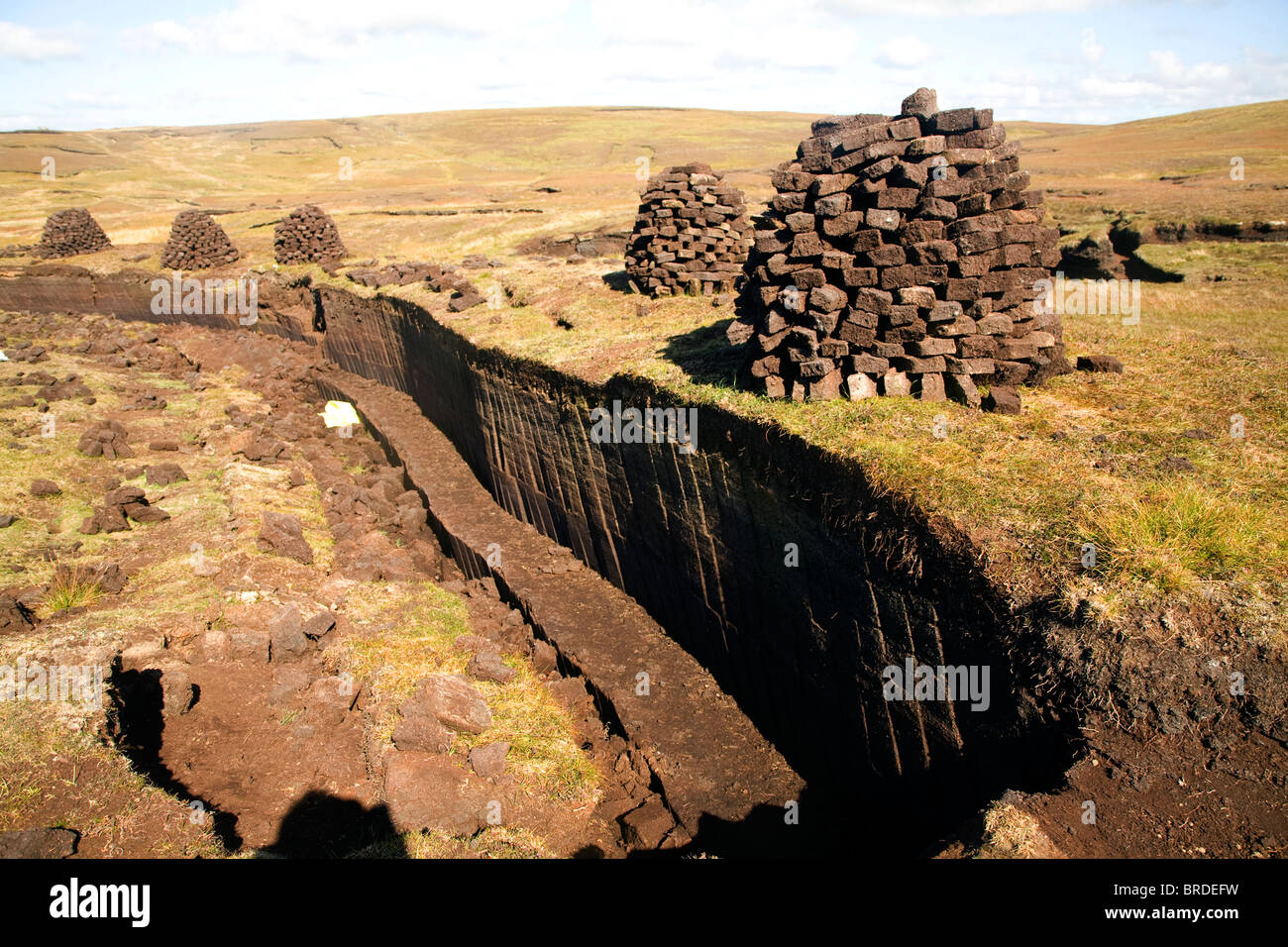 Peat cutting trenches, near Mid Walls, Mainland, Shetland Islands, Scotland Stock Photo