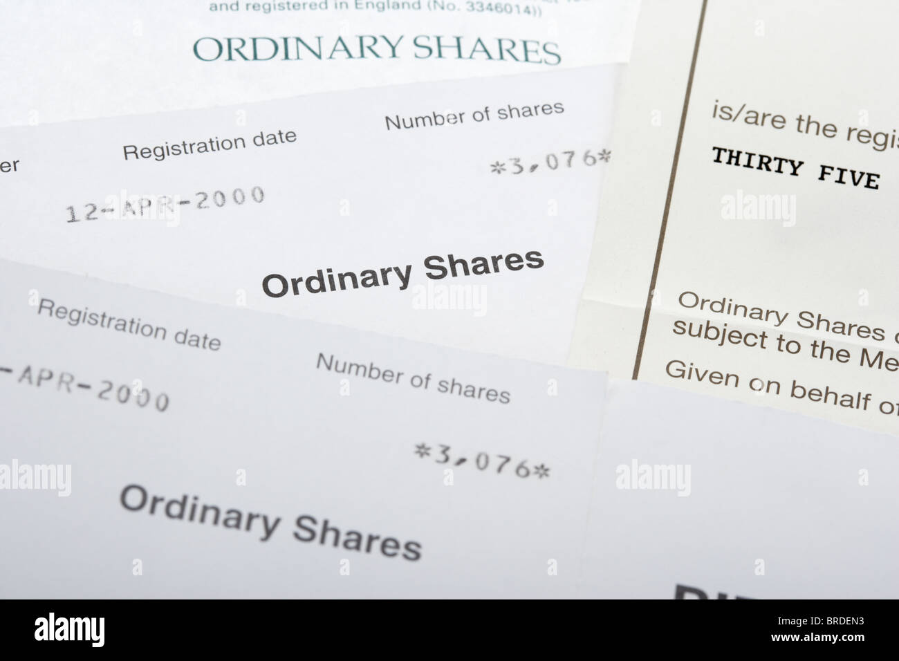 old style paper share certificate ordinary share certificates in the uk Stock Photo