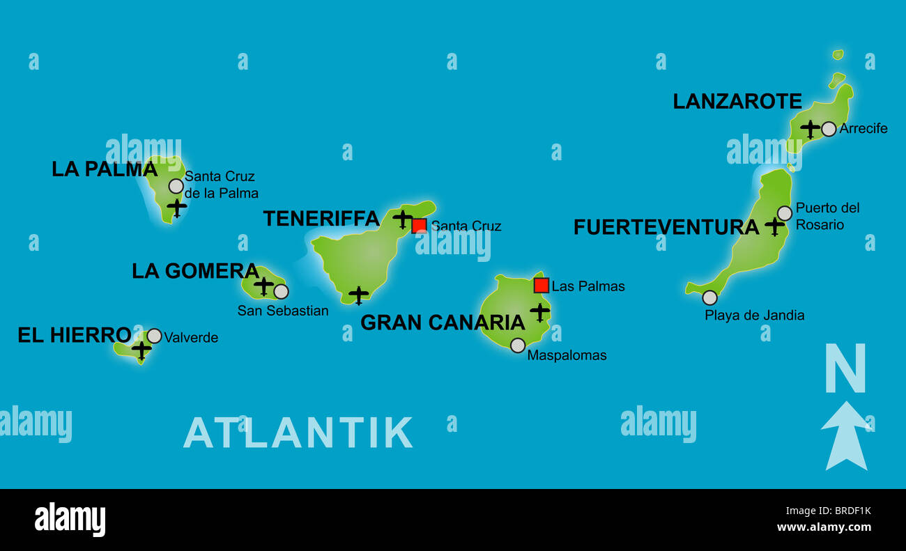 Stylized map of the canary islands. German captions Stock Photo