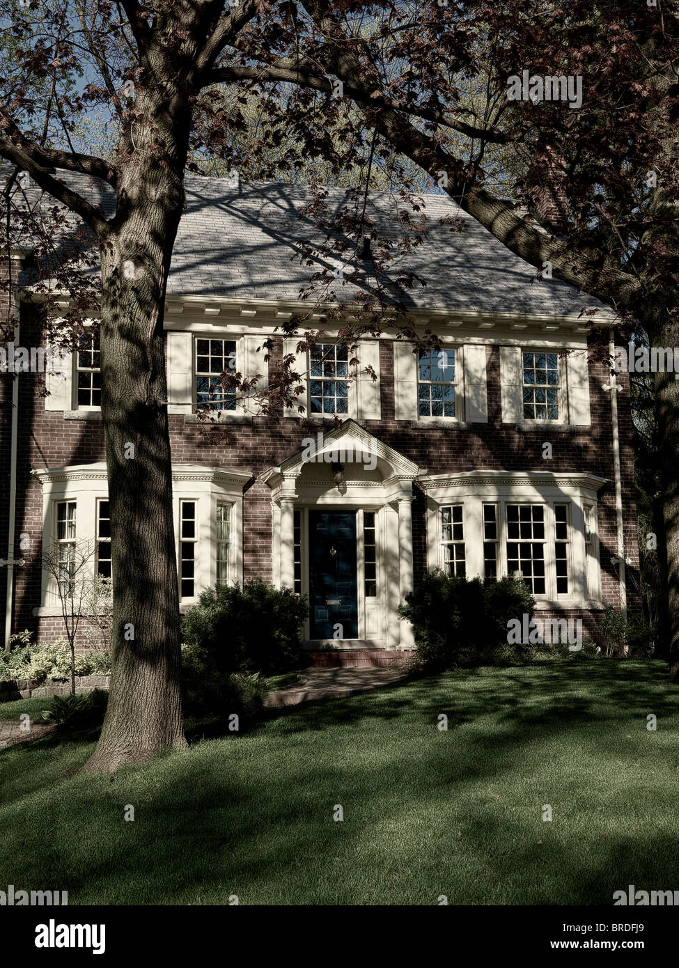 Artistic photo of a large house partially hidden by the shadows of trees Stock Photo