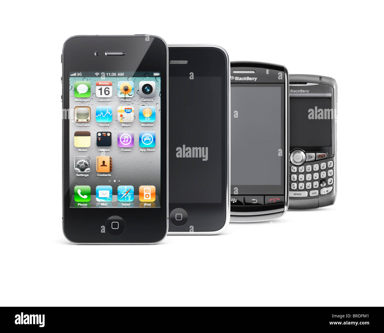 Four smartphones isolated on white background. Apple iPhone 4, iPhone 3G, Blackberry Storm and Blackberry Curve. Stock Photo