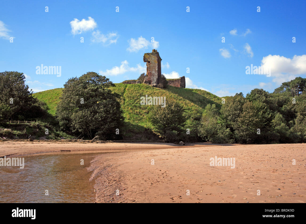 Lunan Water and the ruins of the Red Castle at Lunan Bay, Angus, Scotland, United Kingdom. Stock Photo