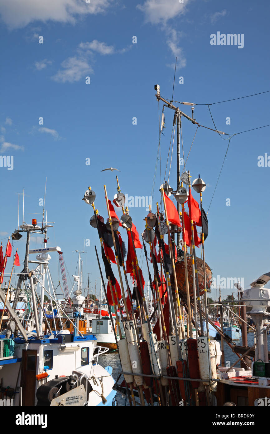 Buoy markers with flags and equipment on fishing boats in Gilleleje  Harbour, Denmark Stock Photo - Alamy