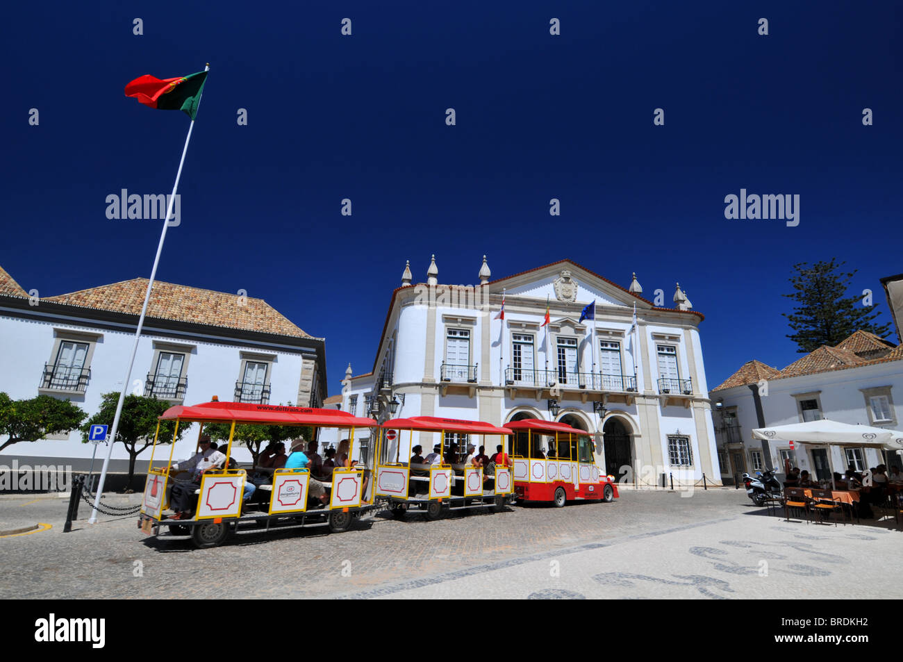 City Hall and 'land train', Velha, Faro old town, Portugal Stock Photo