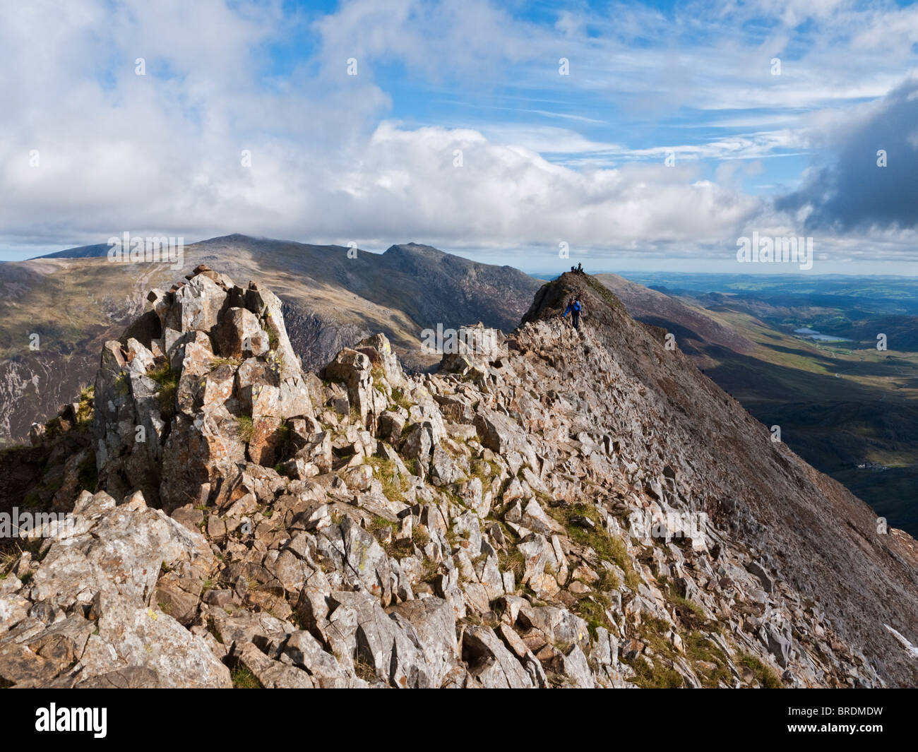 The arete of Crib Goch, a famous ridge traverse in Snowdonia forming the first section of the Snowdon Horseshoe ridge walk Stock Photo