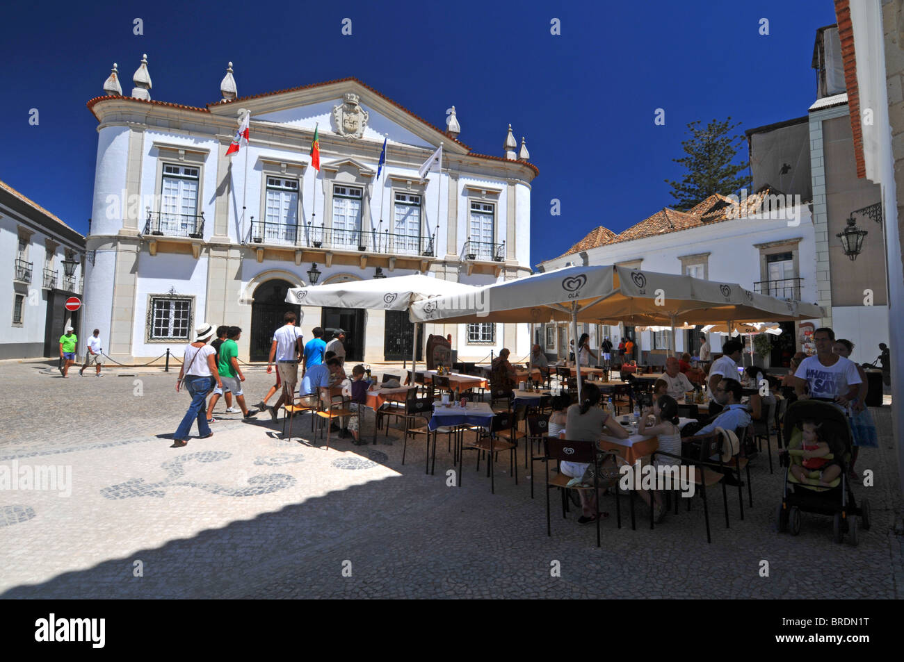 City Hall and cafe, Velha, Faro old town, Portugal Stock Photo