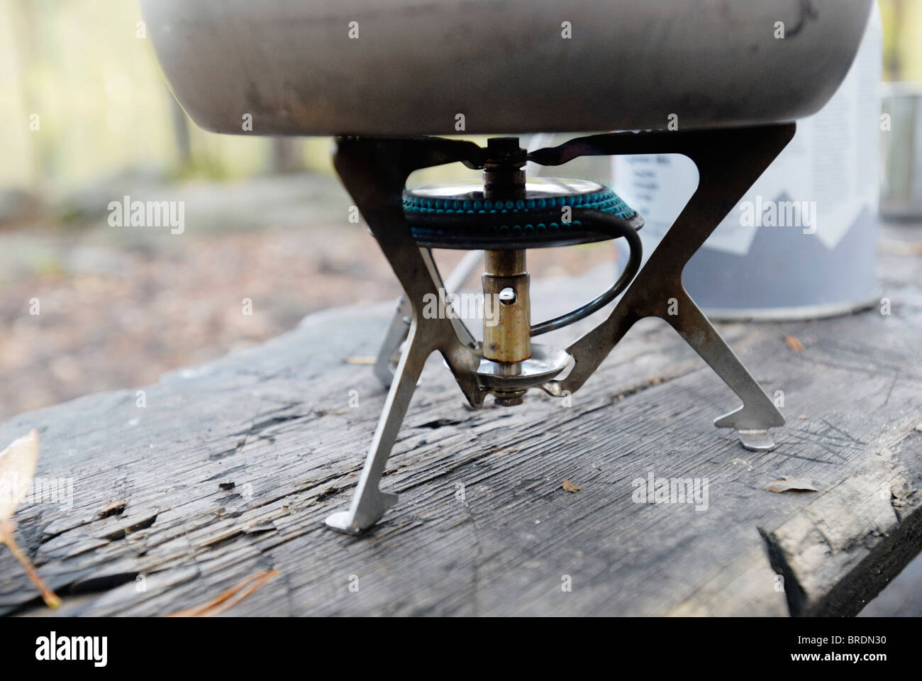 Cooking with portable gas stove, close-up Stock Photo
