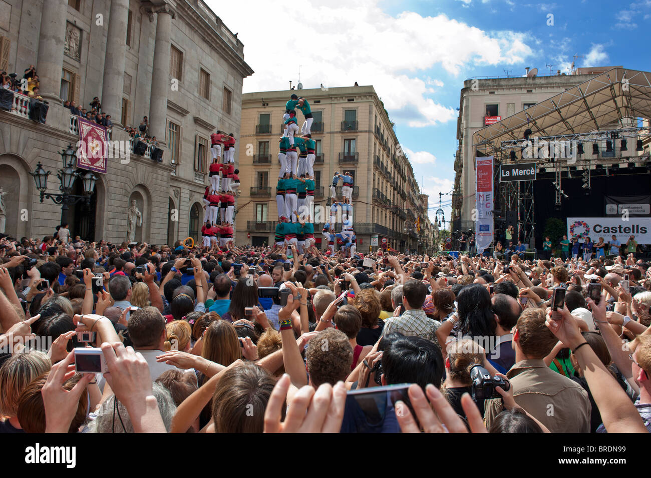 Human Castles, Castellers at St.Jaume Square for La Merce Festival in Barcelona, Catalonia, Spain 2010. Stock Photo