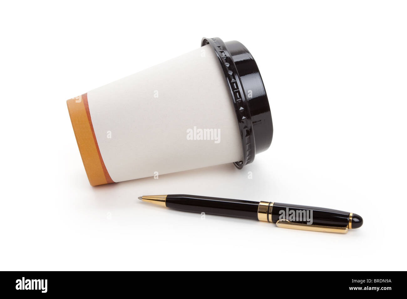 Disposable Coffee Cup and pen, concept of ideas, Inspiration Stock Photo