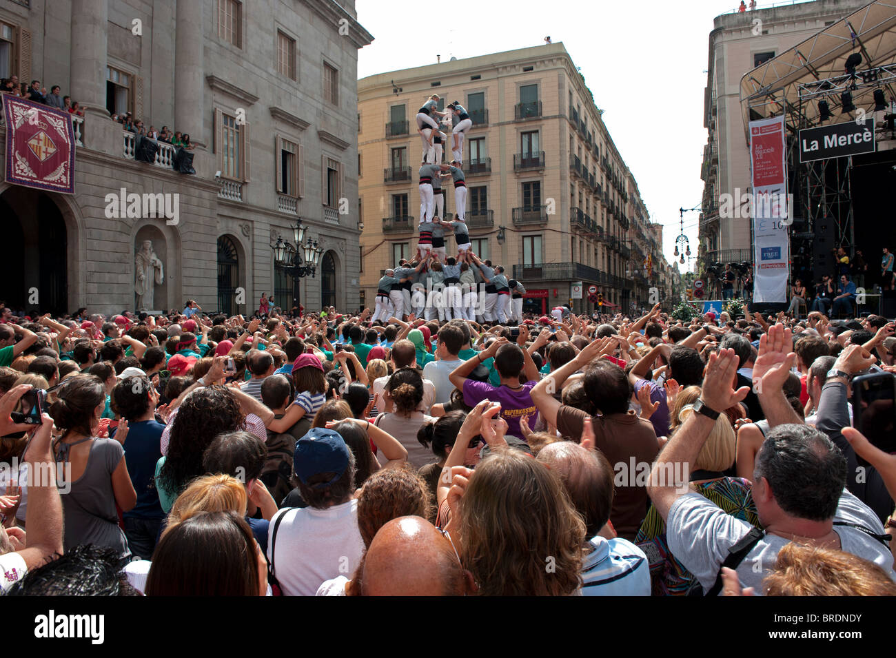 Human Castles, Castellers at St.Jaume Square for La Merce Festival in Barcelona, Catalonia, Spain 2010. Stock Photo