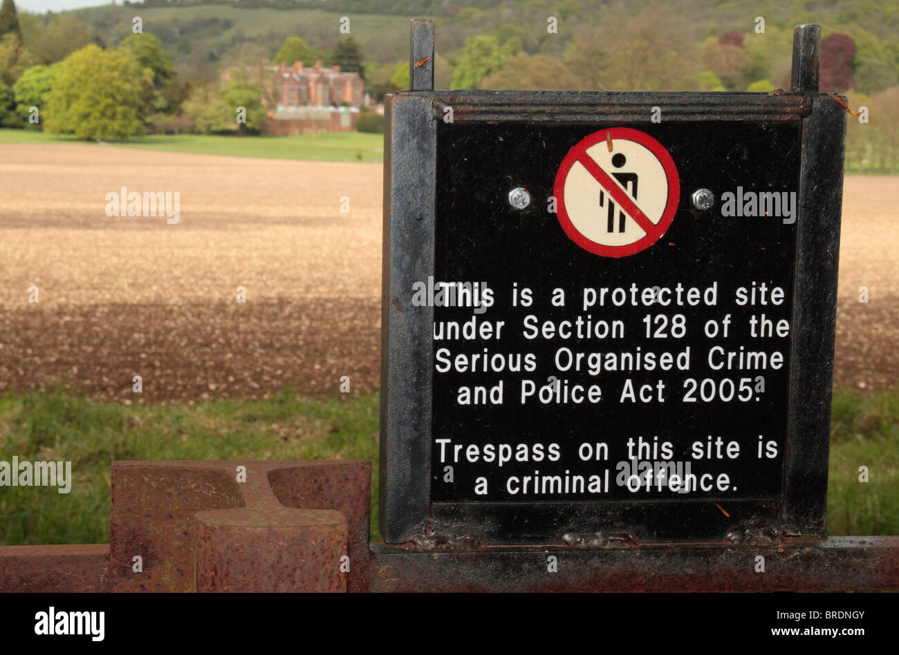 Security sign on the boundary of Chequers, or Chequers Court, the country residence of the Prime Minister of the United Kingdom. Stock Photo