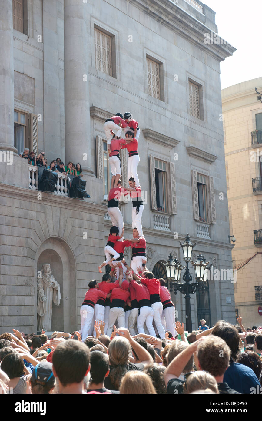 Human Castles, Castellers at St.Jaume Square for La Merce Festival in Barcelona, Catalonia, Spain 2010. Stock Photo