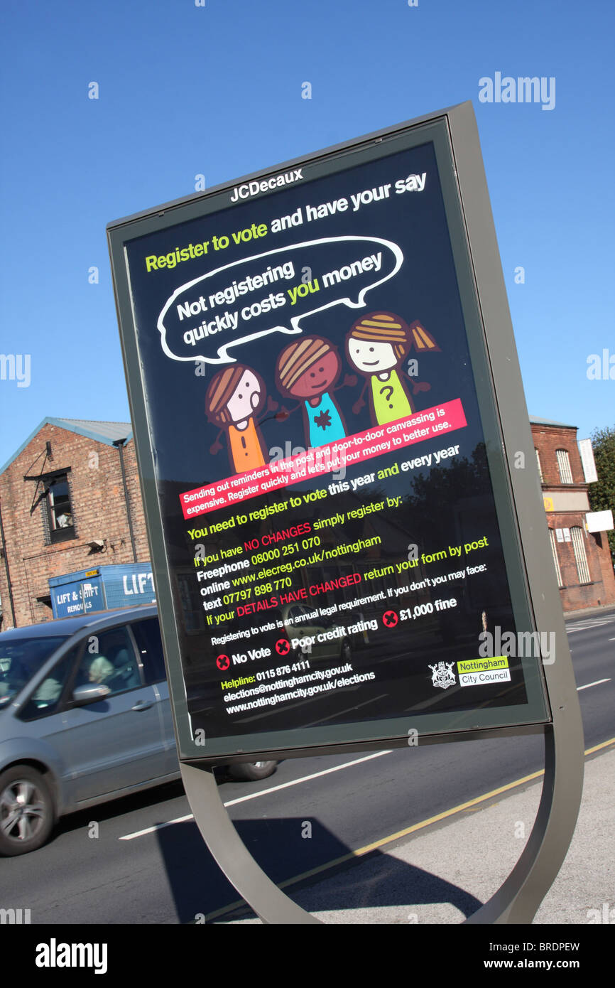 A roadside sign encouraging people to register to vote in a U.K. city. Stock Photo