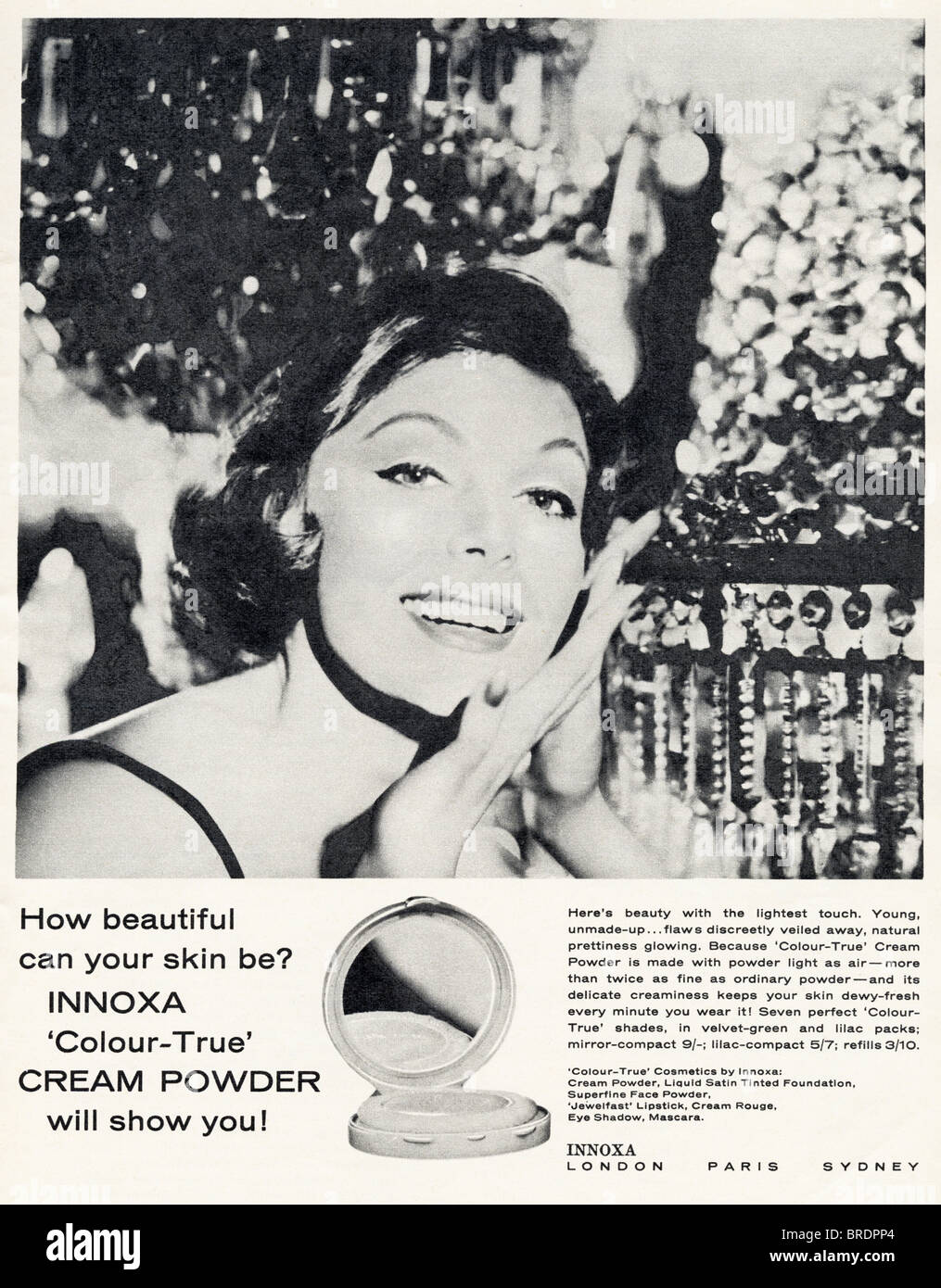 Classic black and white advert for Innoxa powder compact make-up in ...