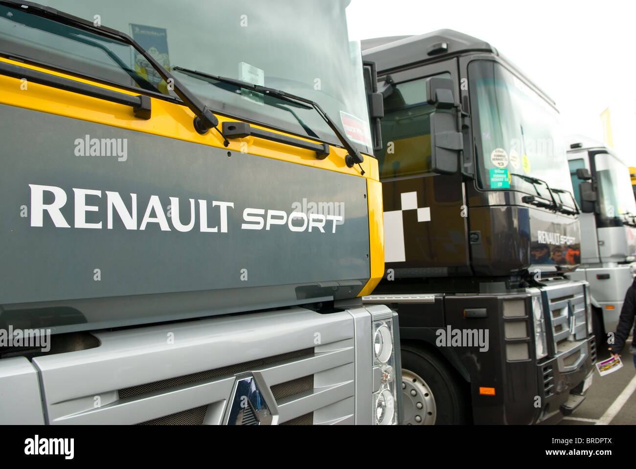 Renault transporter trucks used for transporting Formula Renault 3.5 racing cars. Stock Photo