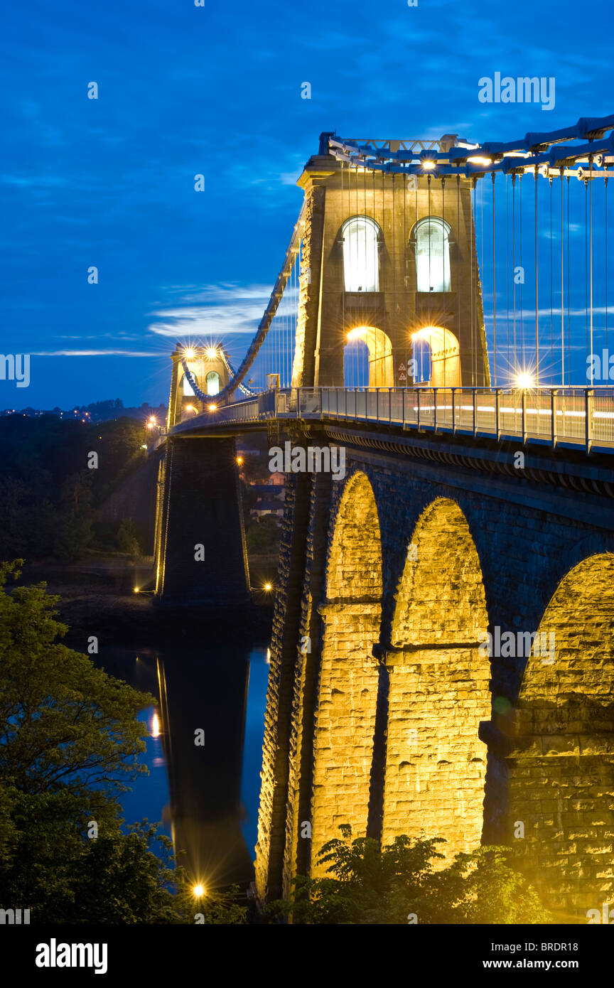 Menai Bridge Over the Menai Straits at Night, Anglesey, North Wales, UK Stock Photo