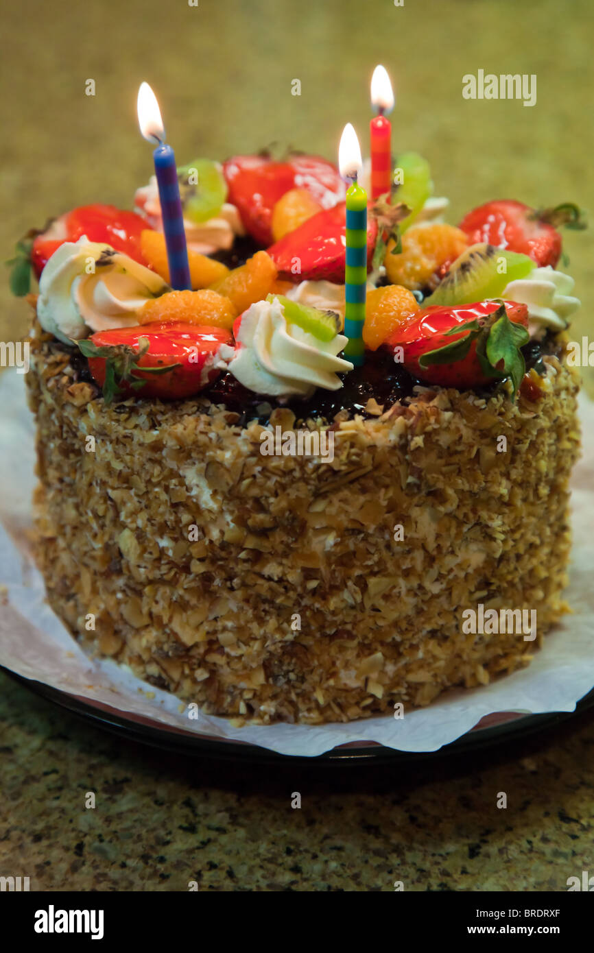 Birthday cake with three candles Stock Photo Alamy