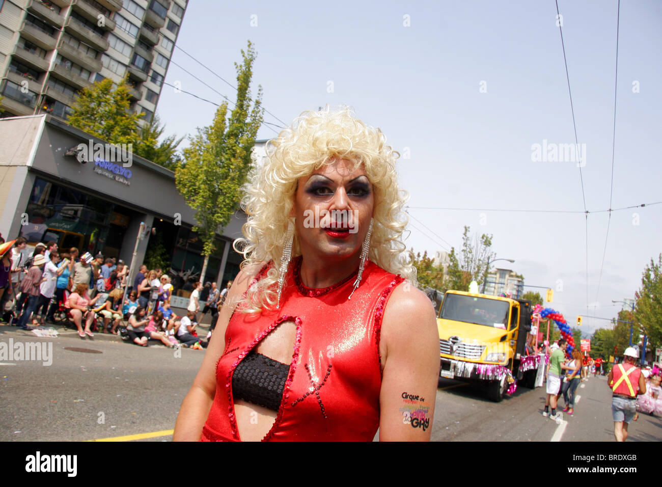 Man in drag, Gay Pride march, Vancouver, Canada Stock Photo