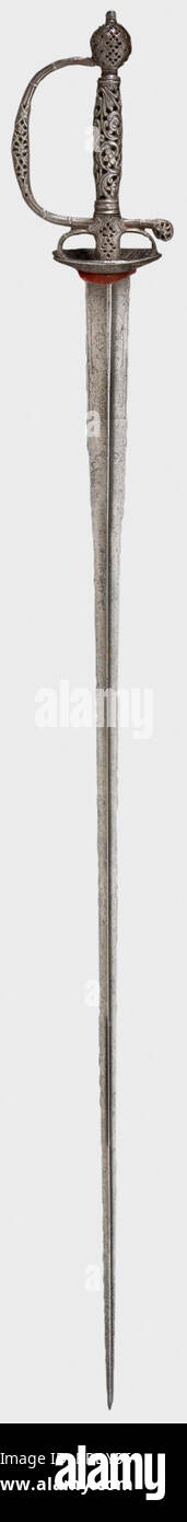 A small-sword with chiselled hilt, German or Italian, circa 1770 Triangular (somewhat pitted in places) colichemarde blade with (rubbed) etching at the forte. Openwork, chiselled hilt with old, but not matching, grip piece. Length 101.5 cm. historic, historical, 18th century, dress sword, swords, thrusting, thrustings, smallsword, epee de cour, weapon, arms, weapons, arms, military, militaria, object, objects, stills, clipping, clippings, cut out, cut-out, cut-outs, Stock Photo