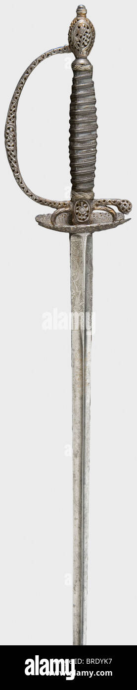A French sword with cut-steel hilt, circa 1780 Hollow triangular thrusting blade with remnants of gilt etching. Fine openwork iron hilt chiselled in floral and geometric designs (the pommel somewhat dented on one side). Original silver wire grip cover and Turk's heads. Length 98 cm. historic, historical, 18th century, dress sword, swords, thrusting, thrustings, smallsword, epee de cour, weapon, arms, weapons, arms, military, militaria, object, objects, stills, clipping, clippings, cut out, cut-out, cut-outs, Stock Photo