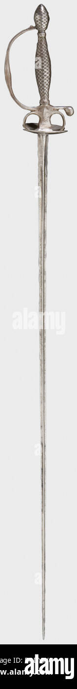 A German iron small-sword, end of the 18th century Slender hollow triangular blade with an iron hilt (slightly bent). Grip and pommel have chased geometric decoration. Length 92 cm. historic, historical, 18th century, dress sword, swords, thrusting, thrustings, smallsword, epee de cour, weapon, arms, weapons, arms, military, militaria, object, objects, stills, clipping, clippings, cut out, cut-out, cut-outs, Stock Photo