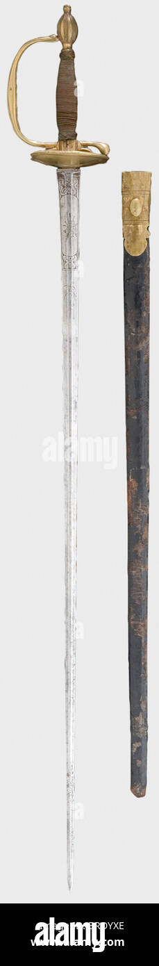 A French model 1767 infantry officer's sword, 1775 - 1776 version Tapering blade of flattened hexagonal section ornamentally etched at the forte. Brass hilt with line decoration, copper grip winding and Turk's heads. Damaged leather scabbard (point missing) with brass locket. Length 92 cm. historic, historical, 18th century, dress sword, swords, thrusting, thrustings, smallsword, epee de cour, weapon, arms, weapons, arms, military, militaria, object, objects, stills, clipping, clippings, cut out, cut-out, cut-outs, Stock Photo