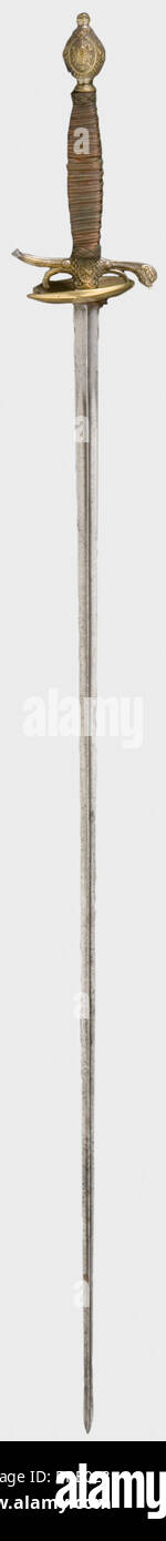 A French small-sword with brass hilt, circa 1780 Smooth triangular thrusting blade with a chased brass hilt in relief (knuckle guard missing). Copper grip wrapping and Turk's heads. Length 93 cm. historic, historical, 18th century, dress sword, swords, thrusting, thrustings, smallsword, epee de cour, weapon, arms, weapons, arms, military, militaria, object, objects, stills, clipping, clippings, cut out, cut-out, cut-outs, Stock Photo