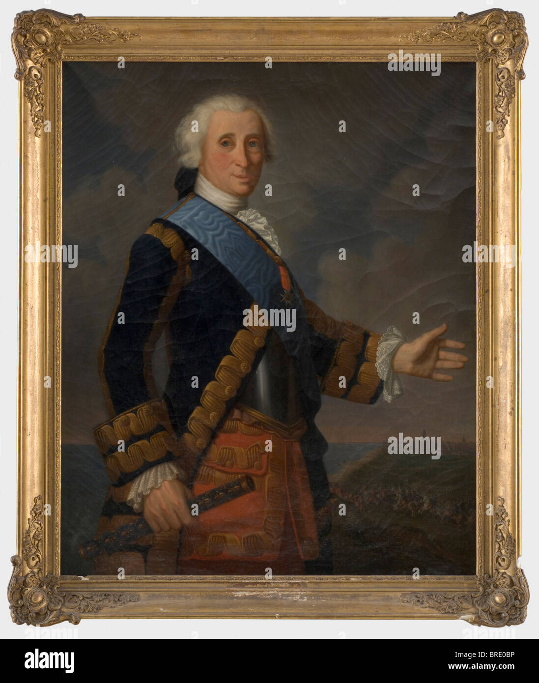 Emanuel de Croy (1718 - 1784), a portrait of the Marshal of France, after 1783 Oil on canvas, relined. The marshal in a cuirass, with the sash of the Order of the Holy Spirit, the Order of Saint Louis and his marshal's baton in his hand. In the background a cavalry battle and marching infantry, in the far distance a city by the sea. Gilt plaster frame, dented. Extensive craquelure. Painting 82 x 100 cm, framed 96 x 116 cm. Emanuel de Croy was appointed Marshal of France on 13th June 1783, shortly before his death. His grandfather, Philippe Emanuel, had held a c, Stock Photo