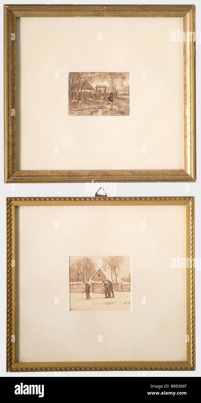 Victor Ivanovich Zarubin (1866 - 1928), two watercolours painted in grisaille technique Two landscapes, both signed on the lower left. 5.5 x 6 cm and 4.3 x 6 cm. With passepartout and under glass, framed. Victor Zarubin, renowned Russian painter, studied at the Parisian Académie Julian from 1893 - 96 and under Arkhip Kuindzhi at the St. Petersburg Art Academy from 1896 - 98. He was appointed academic painter in 1909. historic, historical, 19th century, object, objects, stills, clipping, clippings, cut out, cut-out, cut-outs, Stock Photo