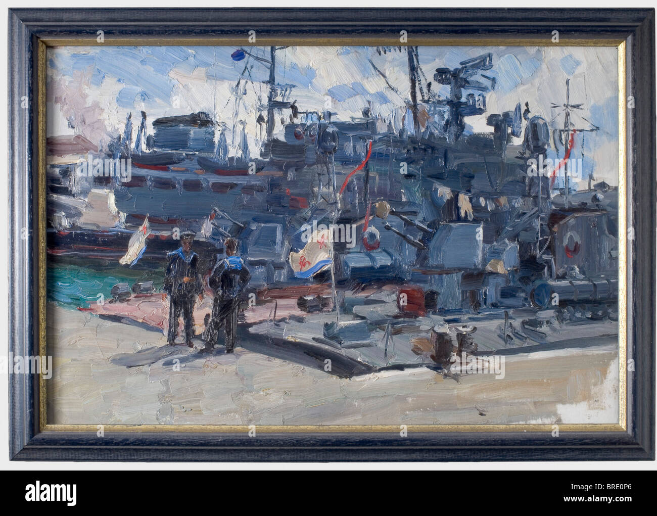A warship in Poti, S. Antonov, 1970s Oil on fine canvas and pasteboard, unsigned. Soviet export permit stamp and the hand-written painter's inscription on the back. Dimensions 33 x 49.5 cm, framed. historic, historical, people, 20th century, painting, paintings, fine arts, art, illustration, object, objects, stills, clipping, clippings, cut out, cut-out, cut-outs, Stock Photo