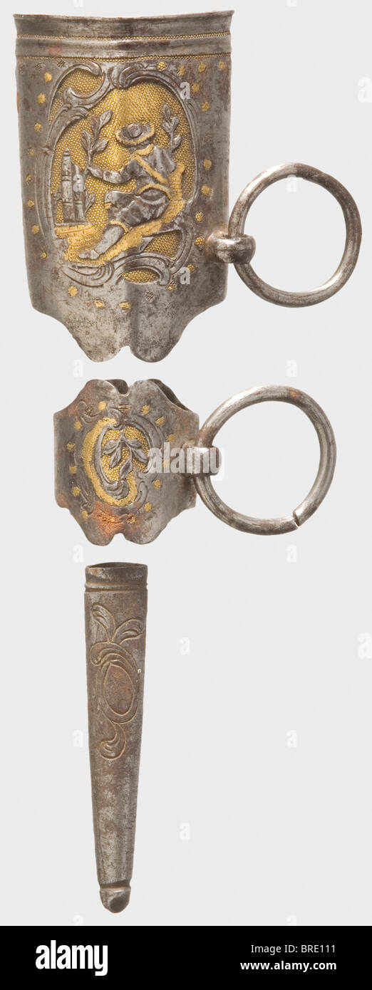 A set of French scabbard mountings for a small-sword, circa 1770 Iron mountings chiselled with rocaille designs on a gilded background, and with a seated male figure on the locket. Somewhat stained and rust coated in places. Inside width of the locket 31 mm. historic, historical, 18th century, dress sword, swords, thrusting, thrustings, smallsword, epee de cour, weapon, arms, weapons, arms, military, militaria, object, objects, stills, clipping, clippings, cut out, cut-out, cut-outs, Stock Photo