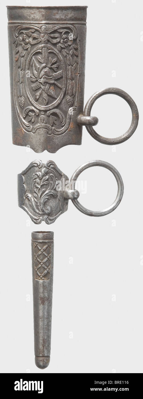 A set of French scabbard mountings, circa 1780 Iron mountings finely chiselled with rocaille and trophy designs. Inside width of the locket 31 mm. historic, historical, 18th century, dress sword, swords, thrusting, thrustings, smallsword, epee de cour, weapon, arms, weapons, arms, military, militaria, object, objects, stills, clipping, clippings, cut out, cut-out, cut-outs, Stock Photo