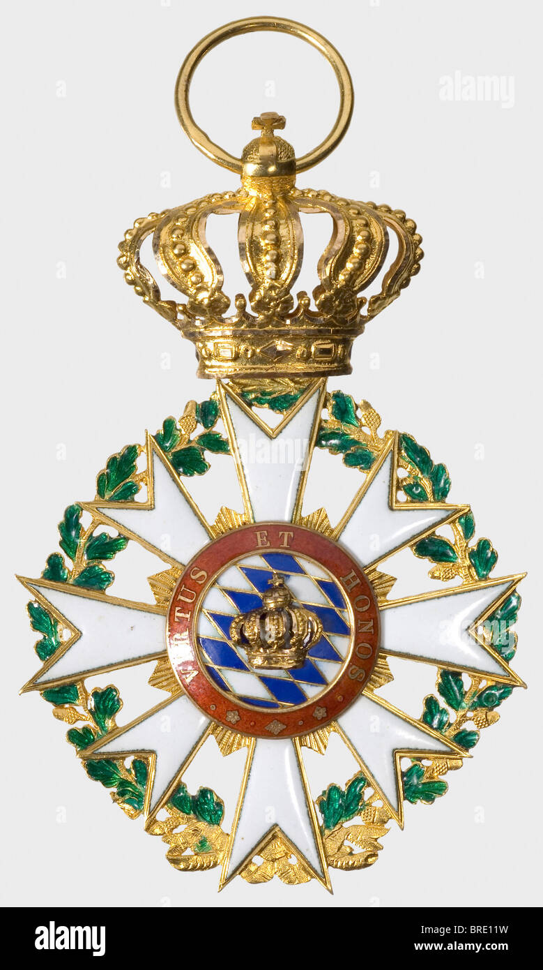 A Civil Merit Order of the Bavarian Crown, Knight's Cross, 1808 - 1918 Gold, 15.37 g, enamelled. The ring is punched 'EQ' for Eduard Quellhorst. Fine, very thin issue, included are a 15 cm ribbon section and the light blue award presentation case with dark red velvet insert and maker's mark of the Hemmerle Brothers, Munich in the liner. It was customary for returnable examples of this award by Quellhorst or Leser to arrive at the award ceremony in a case made by the Hemmerle firm. The bestowal of this order carried with it elevation to the personal nobility. hi, Stock Photo
