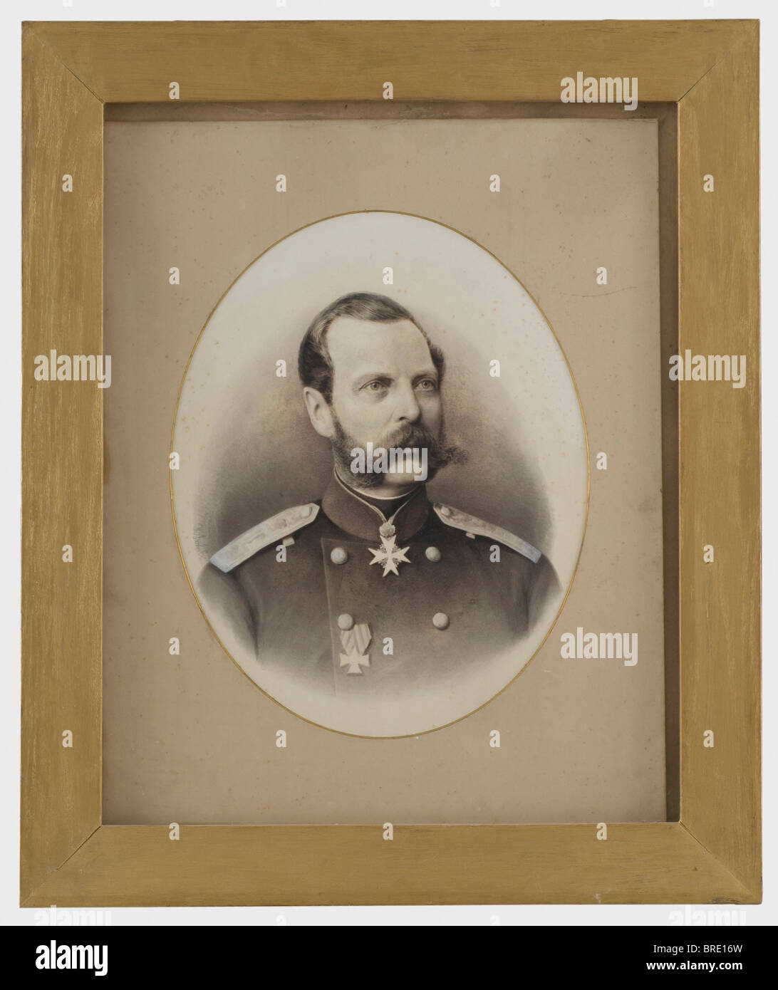 A portrait of Tsar Alexander II (1812 - 1881), partly coloured, vertically oval photograph Signed 'Ch. Jacob(?)'on the left edge. The Tsar is in uniform wearing the Cross of St. George and the Prussian Pour le mérite with oak leaves. In a wooden frame, under glass and gilt-edged passpartout. Dimensions of the photograph 53 x 42 cm, of the frame 89 x 74 cm. Provenance: Grand Duchess Olga Nikolaevna Romanova (1822 - 1892). people, 19th century, object, objects, stills, clipping, clippings, cut out, cut-out, cut-outs, photograph, photo, photographs, photography, p, Stock Photo