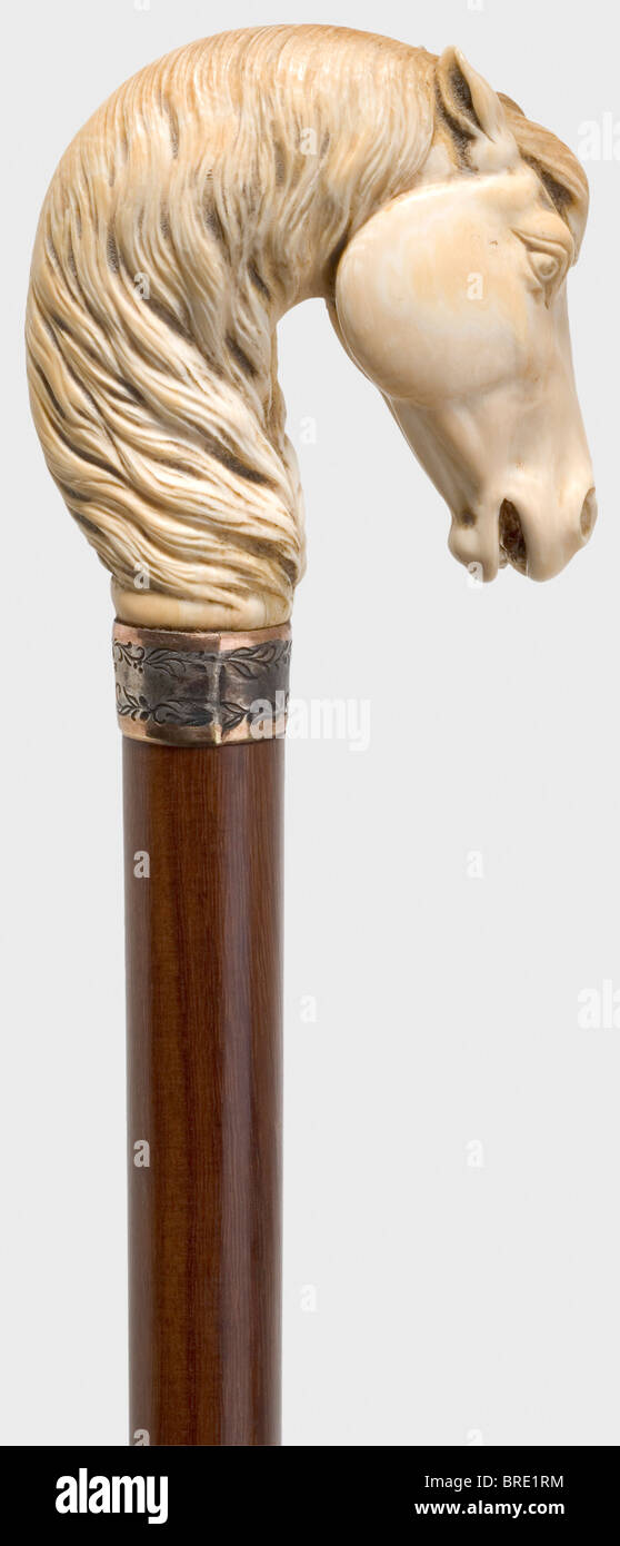 Close-up of antique wooden walking stick with solid brass horse head  handle, isolated on white background Stock Photo - Alamy