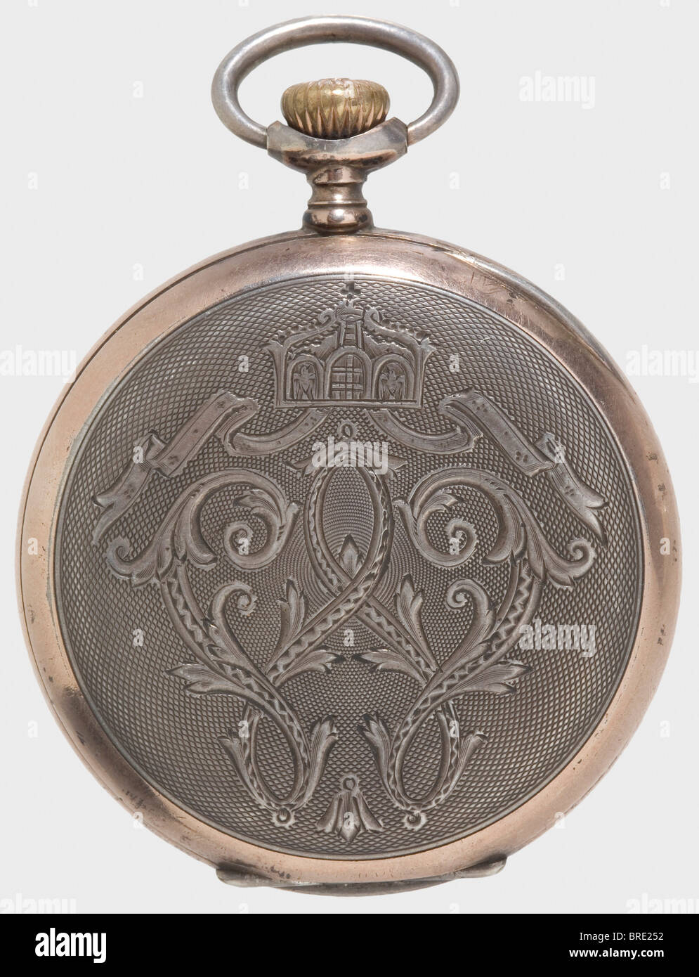 Kaiser Wilhelm II, a presentation watch for 25 years of service A silver pocket watch made by 'Longines' with rose gold-plated rims. White enamel dial with Arabic numerals, small second at the '6' position, and blued steel hands. The lid bears a 'W' cipher beneath an imperial crown and is engraved on the inside with: 'Für 25jährige treue Dienste dem Former August Müller - Kgl. Geschossfabrik in Spandau - 3.7.16'. (For 25 years loyal service, to the Moulder, August Müller - Royal Munitions Factory in Spandau - 3 July 1916). The outer lid bears a of the Kaiser in, Stock Photo