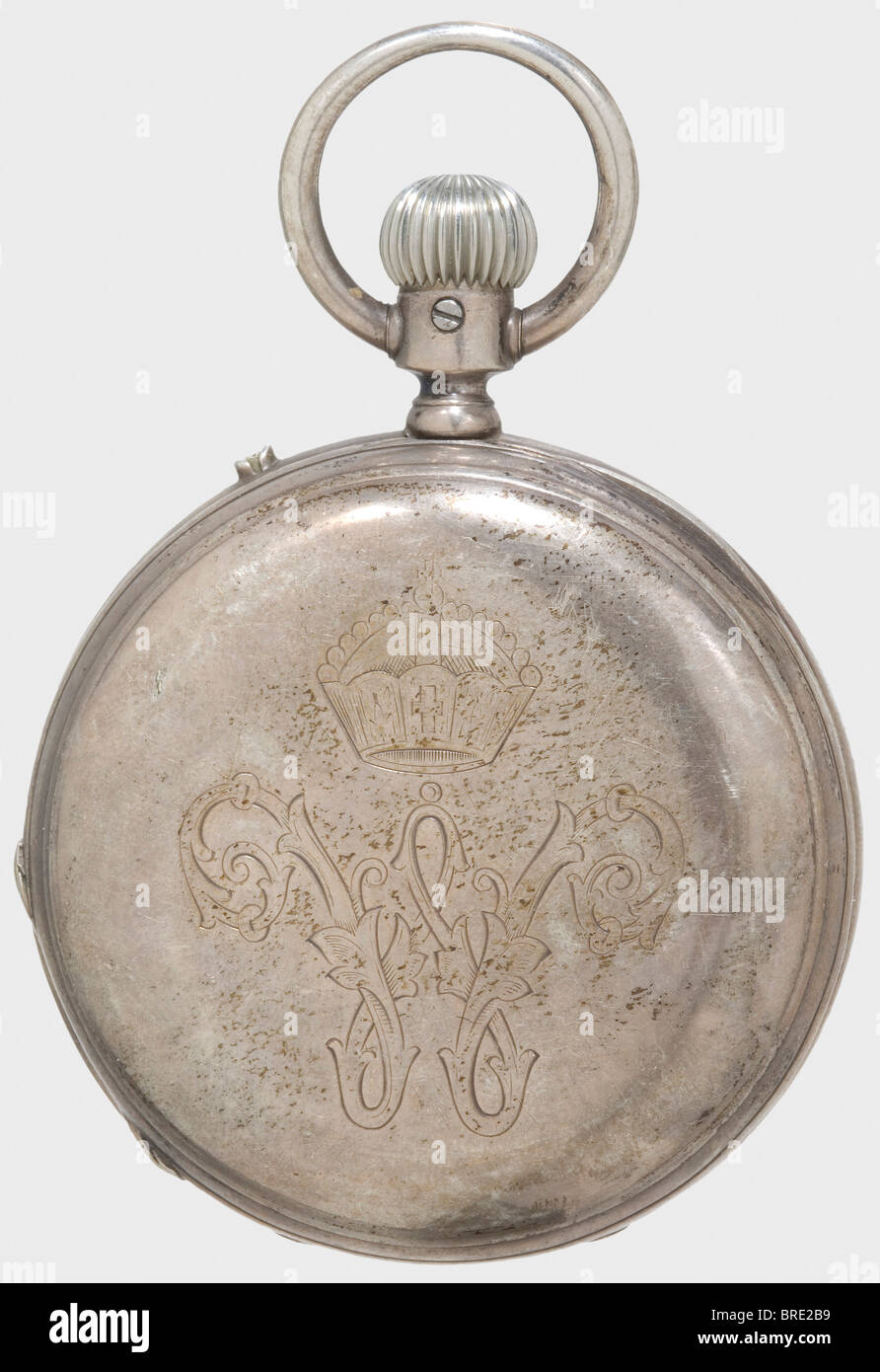 Kaiser Wilhelm I, an imperial prize in the form of a pocket watch silver-plated half-savonette. The front cover has an additional hours dial, the back bears the engraved cipher 'W' beneath an imperial crown and is engraved on the inside with 'Kaiserpreis Militär-Schießschule Spandau d. 11 Novbr. 1885. f. d. Sergent Lingner v. 7. Württembergischen Inf. Rgt. No 125.' (Imperial Prize, Military Marksmanship School Spandau 11 Nov. 1885. for Sergeant Lingner of the 7th Württemberg Inf. Rgt. No. 125), 'Gebr. Eppner Berlin' (Eppner Bros. Berlin), and '68502'. White ena, Stock Photo