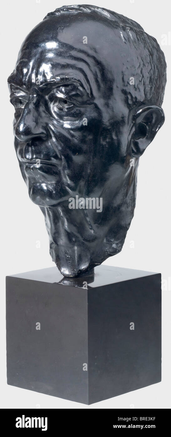 Arno Breker (1900 - 1991), a portrait head of Paul Morand Bronze, black patination. Signed and dated on the left side of the neck 'Arno Breker Paris 1964', in the nape the foundry stamp 'E. Godard - Cire Perdue'. Black marble base. Height of head 36.5 cm, total height 51 cm. Paul Morand (1888 - 1976) French novelist, diplomat and member of the Académie Francaise. In the Pétain Administration Morand became a member of the Film Censorship Committee and French envoy in Bukarest and Bern. As a writer he became famous for his works 'Ouvert la nuit' (1922) and 'Fermé, Stock Photo