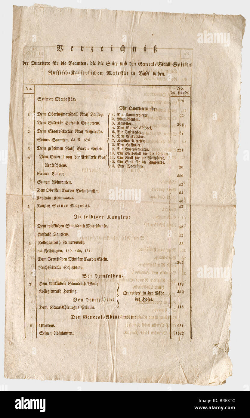 Tsar Alexander I (1777 - 1825), an accommodation index for the Tsar's visit to Basel in 1812/13 Printed double sheet with watermark 'P. Döring & Comp.'. Detailed list of accommodation facilities for the Tsar, his royal household, his administrative staff, the adjutant general, major generals, aide-de-camps as well as international envoys to the Russian court. Among the travellers were Count Tolstoy (the Tsar's lord steward), the generals Count Araktsheiev, Uvarov, Count Shuvalov, Count Orlov-Denissov, Prince Kutusov, the Prussian minister Freiherr vom und zum S, Stock Photo